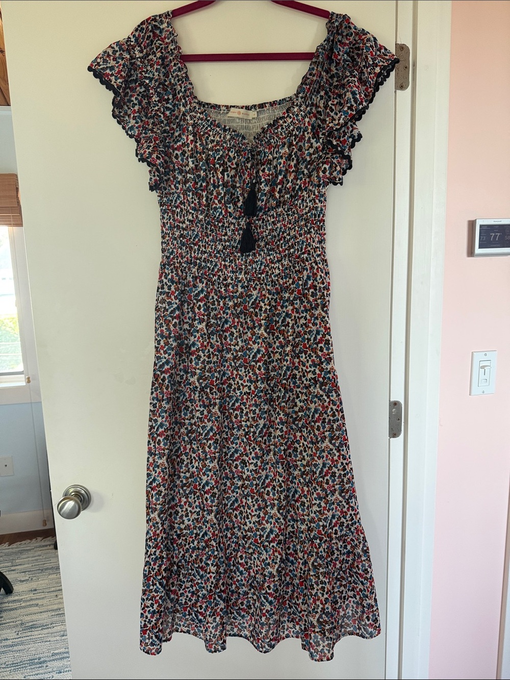 Tory Burch Navy Multi Floral Smocked Midi Dress with Tassel